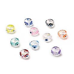 Mixed Color Transparent Glass Beads, with Enamel, Faceted, Rondelle with Evil Eye Pattern, Mixed Color, 10x7.5mm, Hole: 1.5mm