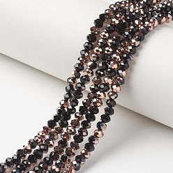 Black Electroplate Opaque Glass Beads Strands, Half Copper Plated, Faceted, Rondelle, Black, 3.5x3mm, Hole: 0.4mm, about 123~127pcs/strand, 13.7~14.1 inch(35~36cm)