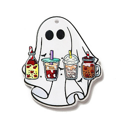 White Halloween Printed Acrylic Pendants, Ghost with Drink Charm, White, 39.5x32.5x2.5mm, Hole: 1.8mm