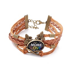 Word Rainbow Pride Bracelet, More Love Less Hate Flat Round & Butterfly Links Multi-strand Bracelet for Men Women, Chocolate, Word, 7-1/4 inch(18.5cm)
