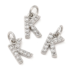 Real Platinum Plated Brass Micro Pave Grade AAA Cubic Zirconia Charms, Letter K, Cadmium Free & Nickel Free & Lead Free, Real Platinum Plated, 8.5x6x1.5mm, Hole: 2mm