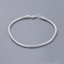 Silver Unisex Brass Snake Chain Bracelets, with Lobster Clasps, Silver, 200x3mm