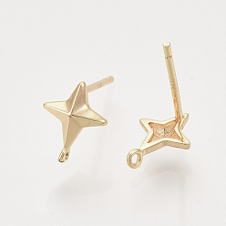 Real 18K Gold Plated Brass Stud Earring Findings, Nickel Free, with Loop, Real 18K Gold Plated, Star, Star: 9.5x7mm, Hole: 0.9mm, Pin: 0.8mm