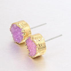 Orchid Flat Round Natural Druzy Agate Stud Earrings, with Golden Plated Brass Findings, Orchid, 10x6~7mm, Pin: 0.8mm