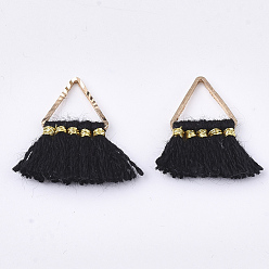 Black Polycotton(Polyester Cotton) Tassel Charms Decorations, Mini Tassel, with Brass Findings, Triangle, Golden, Black, 14~15x12~15x2mm, Hole: 7x6mm