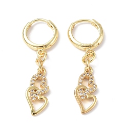 Doré  Boucles d'oreilles créoles pendantes double cœur avec oxyde de zirconium transparent, bijoux en laiton de placage en rack pour la saint valentin, or, 36mm, pin: 0.9 mm
