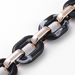 Black Imitation Gemstone Style Acrylic Handmade Cable Chains, with Rose Gold Plated CCB Plastic Linking Ring, Oval, Black, 39.37 inch(100cm), Link: 23.5x17.5x4.5mm and 18.5x11.5x4.5mm, 1m/strand