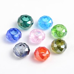 Couleur Mélangete Perles européennes en verre, Perles avec un grand trou   , pas de noyau métallique, facette, rondelle, couleur mixte, 14x8mm, Trou: 5mm