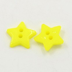 Jaune Boutons acryliques, 2-trou, teint, étoiles, jaune, 12x2mm, Trou: 1mm