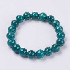 Vert Foncé Bracelet élastique avec perles de jade jaune naturel, teint, ronde, vert foncé, 2 pouce (5 cm), perles: 6 mm