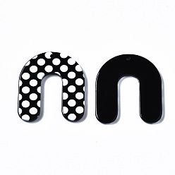 Black 3D Printed Acrylic Pendants, Black and White, Arch with Wave Point Pattern, Black, 30.5x27.5x2.5mm, Hole: 1.6mm