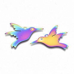 Rainbow Color Ion Plating(IP) 201 Stainless Steel Pendants, Etched Metal Embellishments, Hummingbird, Rainbow Color, 24x32x0.3mm, Hole: 2mm