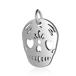 Stainless Steel Color 201 Stainless Steel Pendants, Sugar Skull, For Mexico Holiday Day of the Dead, Stainless Steel Color, 18x14x1mm, Hole: 3mm
