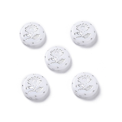 Blanco Abalorios de acrílico opacos, metales enlaced, plano y redondo con estampado de flores, blanco, 17.5~18x5~5.5 mm, agujero: 1.8 mm, Sobre 399 unidades / 500 g