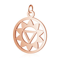 Rose Gold 304 Stainless Steel Pendants, Chakra, Manipura, Flat Round with Flower, Rose Gold, 22.5x19x1mm, Hole: 3mm