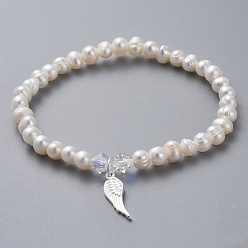 White Natural Freshwater Pearl Beads Stretch Bracelets, with 925 Sterling Silver Charms, Austrian Crystal Beads and Cardboard Boxes, Wing, White, 2 inch(5.2cm)