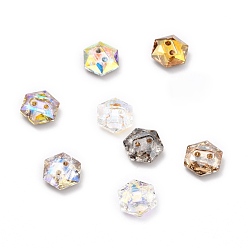 Mixed Color 2-Hole Hexagon Glass Rhinestone Buttons, Faceted, Mixed Color, 10x9x4mm, Hole: 1.2mm