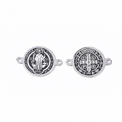 Stainless Steel Color 304 Stainless Steel Links connectors, with Enamel, Enamelled Sequins, Flat Round with Saint Benedict Medal, Stainless Steel Color, 13.5x19.5x0.5mm, Hole: 1.2mm
