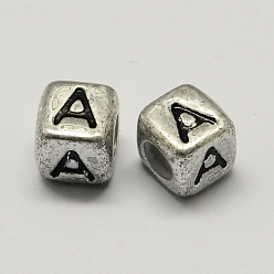 Letter A Antique Silver Plated Large Hole Acrylic Letter European Beads, Horizontal Hole, Cube with Letter.A, 6x6x6mm, Hole: 4mm, about 2950pcs/500g