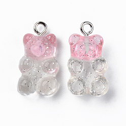 Pink Transparent Resin Pendants, with Glitter Powder and Platinum Tone Iron Loop, Bear, Pink, 21x11x7mm, Hole: 1.8mm