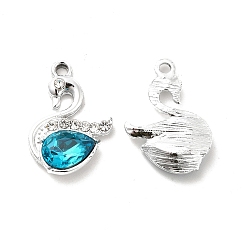 Deep Sky Blue Alloy Glass Pendants, Crystal Rhinestone Swan Charm, Platinum, Deep Sky Blue, 23x15x5mm, Hole: 2mm