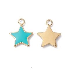 Medium Turquoise Ion Plating(IP) 304 Stainless Steel Pendants, with Enamel, Real 24K Gold Plated, Star, Medium Turquoise, 13x10x1.5mm, Hole: 1.8mm