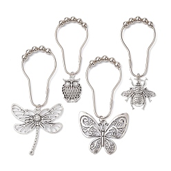 Antique Silver 4Pcs 4 Style Owl Butterfly Dragonfly Iron Shower Curtain Rings for Bathroom, Easy Glide Rollers, Metal Shower Hook Hangers with Beads, Antique Silver, 111~131mm, 1pc/style