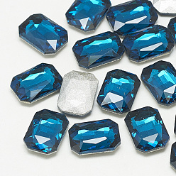 Capri Blue Pointed Back Glass Rhinestone Cabochons, Faceted, Rectangle Octagon, Capri Blue, 14x10x4mm