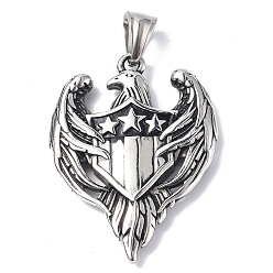 Antique Silver 304 Stainless Steel Pendant, Eagle Charm, Antique Silver, 42.5x31.5x5mm, Hole: 5x8.5mm