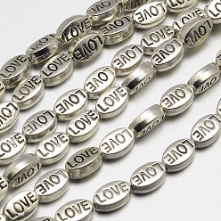 Plata Antigua Ovalada con la palabra amor de estilo tibetano hebras de perlas de aleación, sin plomo, plata antigua, 10x6x4 mm, agujero: 1 mm, sobre 22 unidades / cadena, 8 pulgada