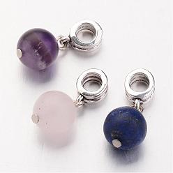 Mixed Stone Natural Gemstone European Dangle Charms, Round, Antique Silver, 22mm, Hole: 5mm