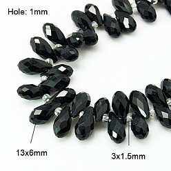 Noir Perles en cristal en verre brins, perles percées, facette, larme, noir, 13x6mm, Trou: 1mm, Environ 100 pcs/chapelet, 16.5 pouce