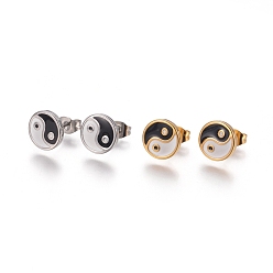 Mixed Color Feng Shui 304 Stainless Steel Stud Earrings, with Enamel and Ear Nuts, Yinyang, Mixed Color, 9.5x1.5mm, Pin: 0.6mm, 6pairs/card