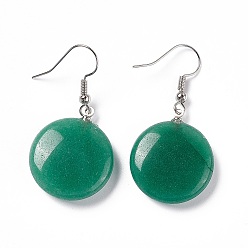 Green Aventurine Natural Green Aventurine Flat Round Dangle Earrings, Platinum Brass Jewelry for Women, 42mm, Pin: 0.7mm