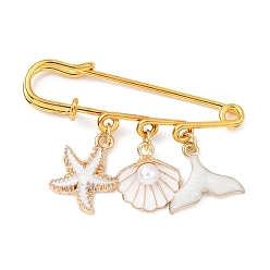 White Marine Theme Pendant Alloy Enamel Brooches, Golden Iron Kilt Pins for Women, Starfish & Shell & Fishtail, White, 36.5x50x5.5mm