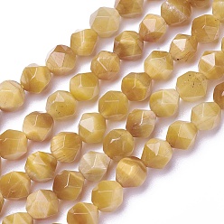 Verge D'or Chapelets de perles oeil de tigre naturelles, teint, ronde à facettes, verge d'or, 5.5~6x5~6mm, Trou: 0.8mm, Environ 64~66 pcs/chapelet, 15.3 pouce (39 cm)
