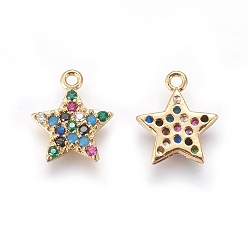 Golden Brass Cubic Zirconia Charms, Star, Colorful, Golden, 13x11x2mm, Hole: 1mm