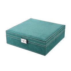 Sea Green Velvet & Wood Jewelry Boxes, Portable Jewelry Storage Case, with Alloy Lock, for Ring Earrings Necklace, Rectangle, Sea Green, 26.4x26.6x8.3cm