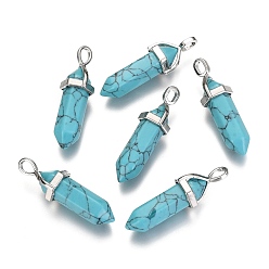 Synthetic Turquoise Dyed Synthetic Turquoise Pointed Pendants, with Platinum Tone Random Alloy Pendant Hexagon Bead Cap Bails, Bullet, 36~40x12mm, Hole: 3x4mm, Gemstone: 8mm in diameter