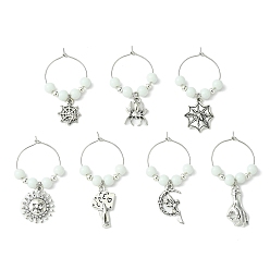 Antique Silver & Platinum Tibetan Style Alloy Wine Glass Charms Sets, with Brass Hoop Earrings Findings and Glass Imitation Jade Beads, Mixed Shapes, Antique Silver & Platinum, 43~47mm, 7pcs/set