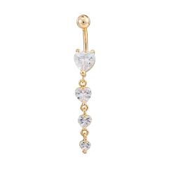 Golden Real 18K Gold Plated Piercing Jewelry Brass Cubic Zirconia Heart Navel Ring Navel Ring Belly Rings, with 304 Stainless Steel Bar, 7~8x52mm, Bar Length: 3/8"(10mm), Bar: 14 Gauge(1.6mm)