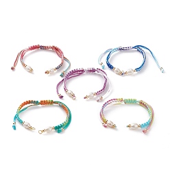 Mixed Color Adjustable Polyester Braided Cord Bracelet Making, with Brass Beads, 304 Stainless Steel Jump Rings and Freshwater Pearl Beads, Mixed Color, 15~16.5cm