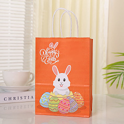 Dark Orange Rabbit with Easter Egg Pattern Paper Bags, Gift Bags, Shopping Bags, with Handles, for Easter, Dark Orange, 15x8x21cm