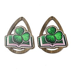 Green Saint Patrick's Day Single Face Printed Wood Big Pendants, Teardrop Charms with Book & Clover, Green, 54x44x2.5mm, Hole: 1.5mm