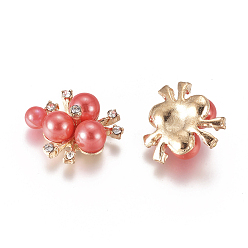 Roja Cabochons de aleación, con diamantes de imitación de cristal y perlas de imitación acrílicas, flor, la luz de oro, rojo, 19~20x21~22x10 mm