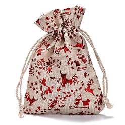 Cerf Pochettes d'emballage cadeau en coton sacs à cordon, pour noël saint valentin anniversaire fête de mariage emballage de bonbons, rouge, Motif de cerf, 14.3x10 cm