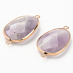 Amethyst Natural Amethyst Links, with Light Gold Plated Edge Brass Loops, Oval, Faceted, 38x22.5x6mm, Hole: 2mm