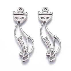 Stainless Steel Color 304 Stainless Steel Hollow Pendants, Cut-Out, Cat Shape, Stainless Steel Color, 32x14x2mm, Hole: 1.4mm