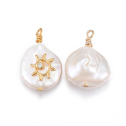 Clear Natural Cultured Freshwater Pearl Pendants, with Brass Micro Pave Cubic Zirconia Findings, Nuggets with Sun, Golden, Clear, 17~26x11~16x5~11mm, Hole: 1.6~2mm