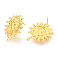 Gold Brass Stud Earring Findings, with Loop, Micro Pave Cubic Zirconia, Sun, Gold, 23x20x3mm, Hole: 1.6mm, Pin: 0.7mm